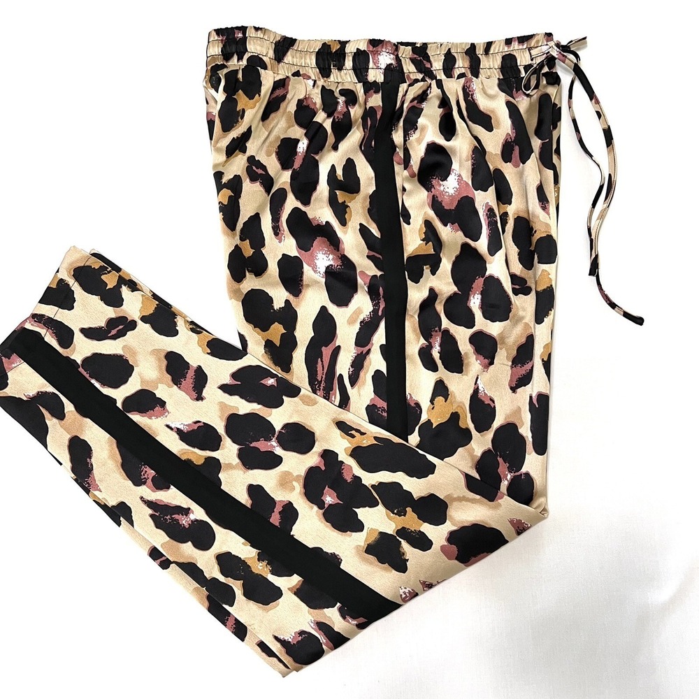 See And Be Seen Jogger Pants Women Small Tan Leopard Print NEW Side Stripe P7069